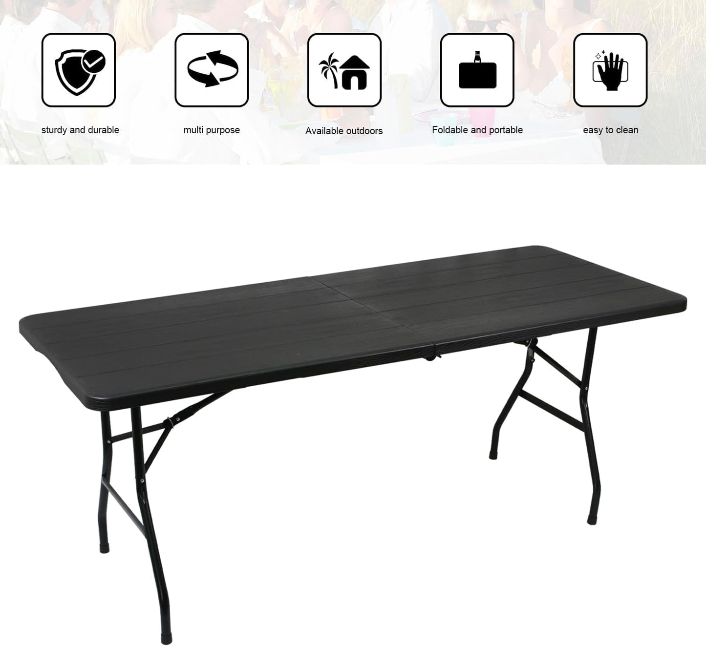 2-PCS 70.8" W X 29" D X 29" H - 6 ft Black Folding Table Heavy Duty Portable, Plastic Folding Utility Folding Table for Camping, Picnics & Parties
