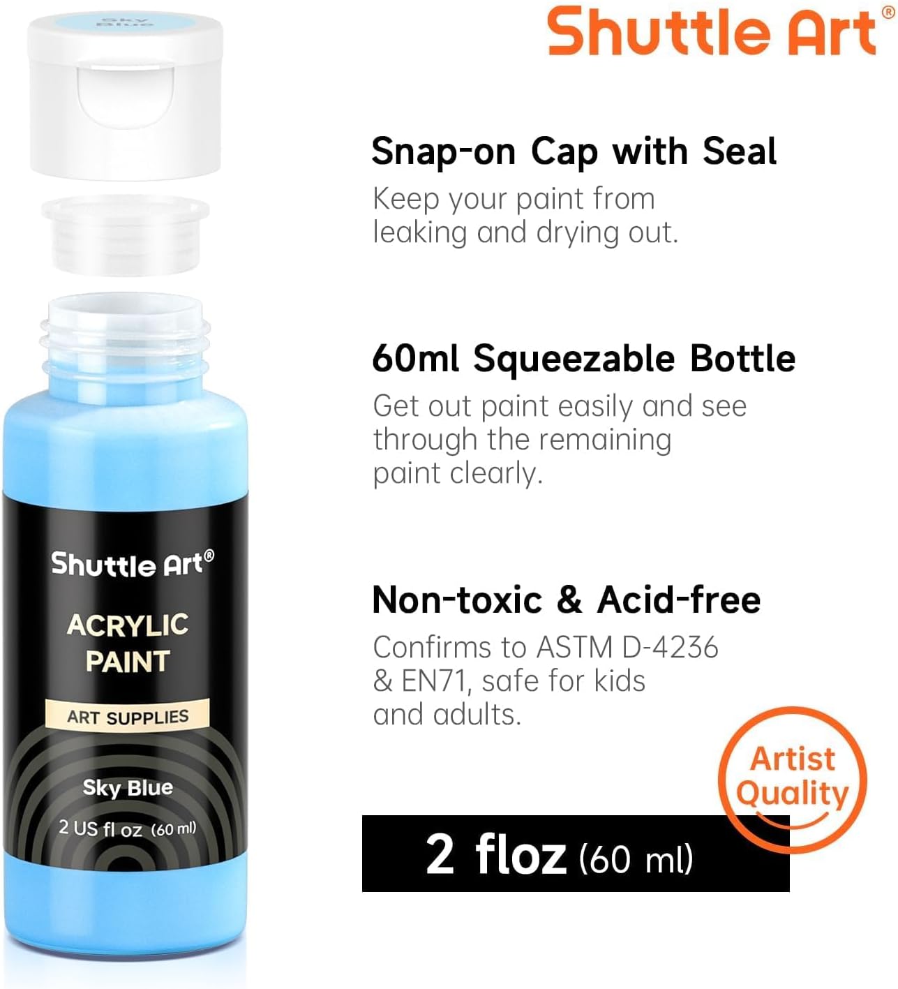 Shuttle Art 80 Colors Acrylic Paint, Acrylic Paint set with 12 Paint Brushes, 2oz/60ml Bottles, Rich Pigmented, Premium Paints for Artists, Beginners and Kids on Canvas Rocks Wood Ceramic