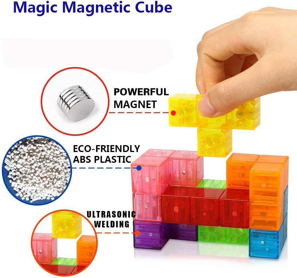 2-Pack Wtohobby Magnetic Soma Cube Block- Children's Educational Toys Magnetic Tiles for Kids Stress Relief Toy Puzzle Cubes to Develops Intelligence, Ideal for Birthday Gifts (Crystal, 2 Pack)