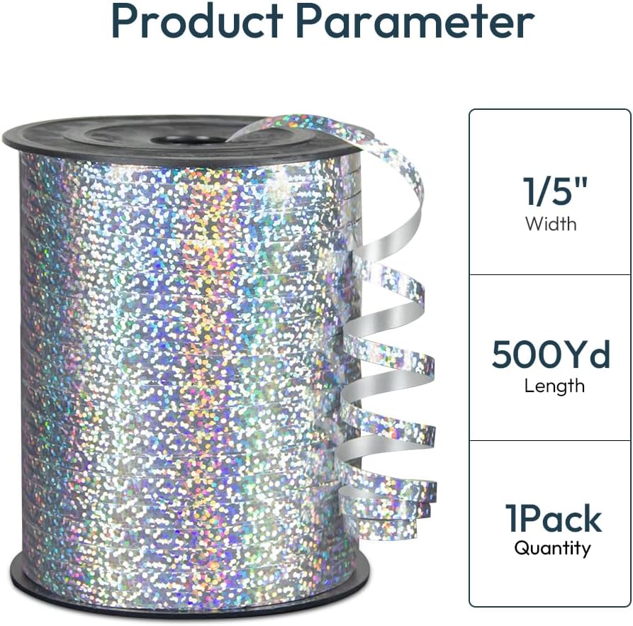 KMER LIFE Premium Silver Shiny Curling Shiny Ribbon, 1/5" Wide x 500 Yards Christmas Curling Ribbons for Gift Wrapping, Party Decoration, Balloon String, Ribbons for Florist Flower (1 Roll)