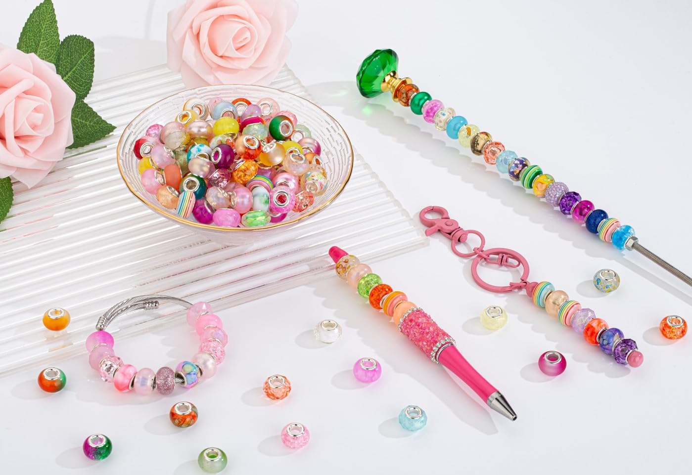 LAIDANLA Multicolor Large Hole Beads, 100pcs, 14mm, Resin, Plastic, Acrylic, Round, Loose Beads for Jewelry Making, Crafts, Decoration