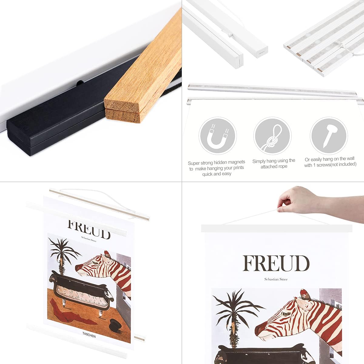 Ywlake Magnetic Poster Hanger, 16x20 16x24 16x22 Poster Frame Wood Wooden Magnet Print Posters Dowel Scroll Hanger Hangers Hanging Kit for Walls Map Canvas Artwork (White, 16")