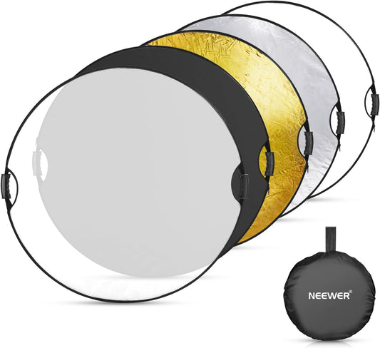 NEEWER 51"/130cm Light Reflector with Handle Grip & 3/8" Thread, 5 in 1 Foldable Disc Light Diffuser Translucent/Silver/Gold/White/Black for Photography Lighting, Outdoor Lighting, RF-130II