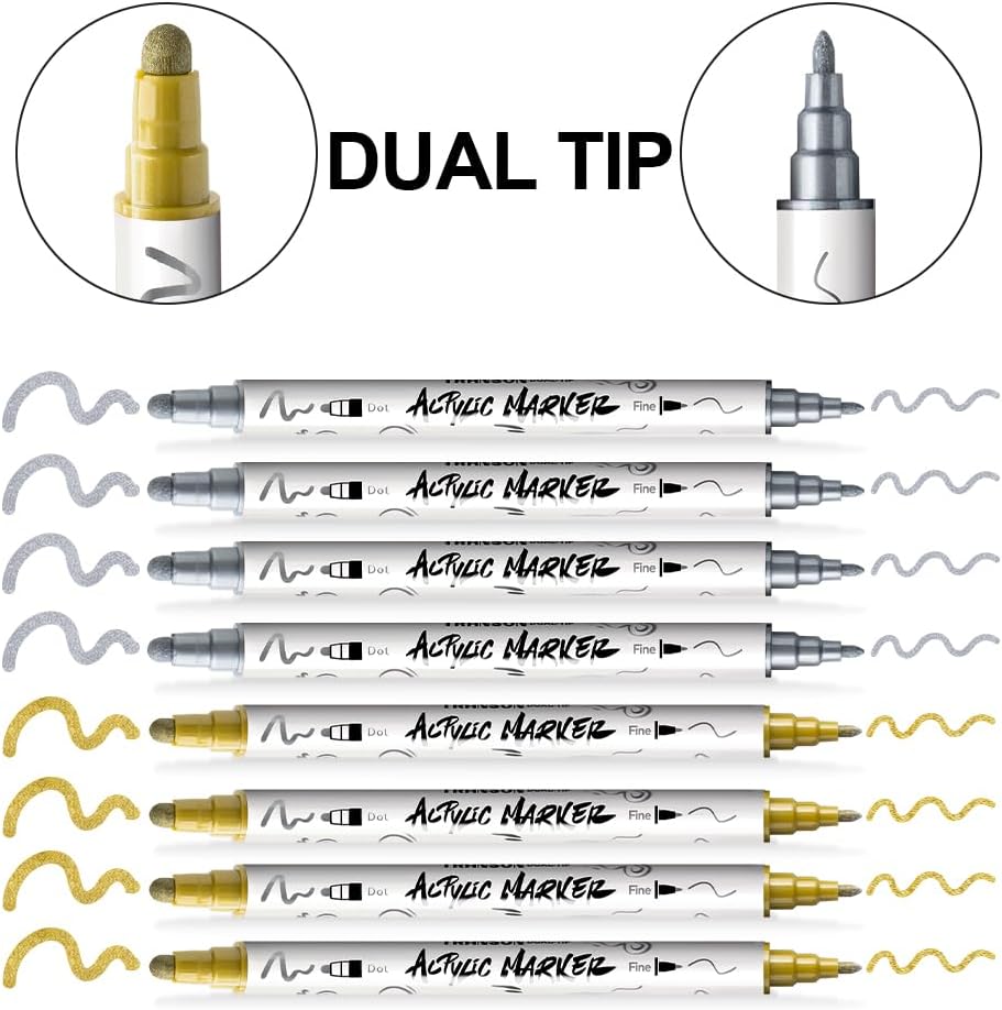 TRANSON 4 Silver and 4 Gold Paint Markers Bold and Fine Dual-tip Acrylic Paint Marker Set for Rock Painting Glass Canvas Wood Leather Ceramic Painting