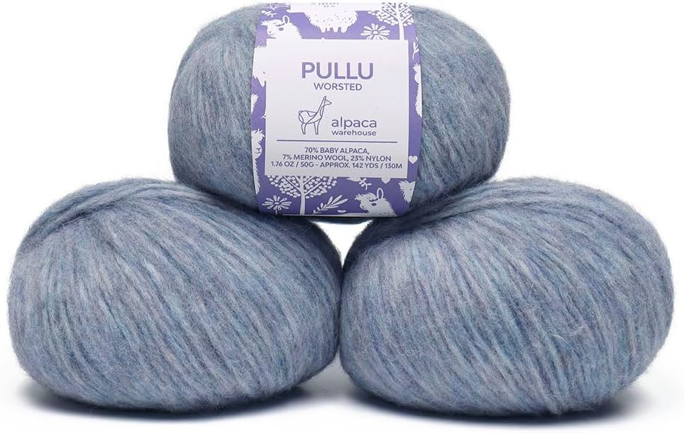 Pullu - Baby Alpaca Merino Wool Yarn Set of 3 Skeins (150 Grams) Worsted Weight - Sourced Directly from Peru - Heavenly Soft and Perfect for Knitting and Crocheting (Heather Sky Blue)