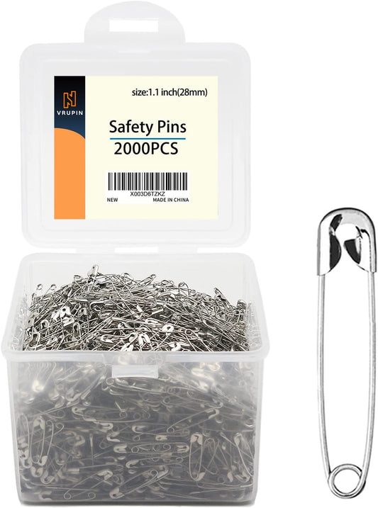 vrupin 2000 Pieces - Silver Safety Pins, 1.1 inch 28mm, Extra Strong, Multi-purpose