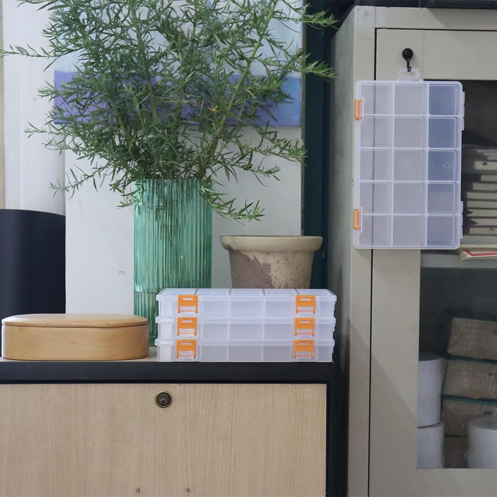 BangQiao 4 Pack 15 Grids Clear Plastic Storage Box with Dividers, Transparent Organizer Container Case for Small Parts, Bead, Button, Jewelry, Diamond, Craft Supplies,Sewing Kit, DIY Accessories