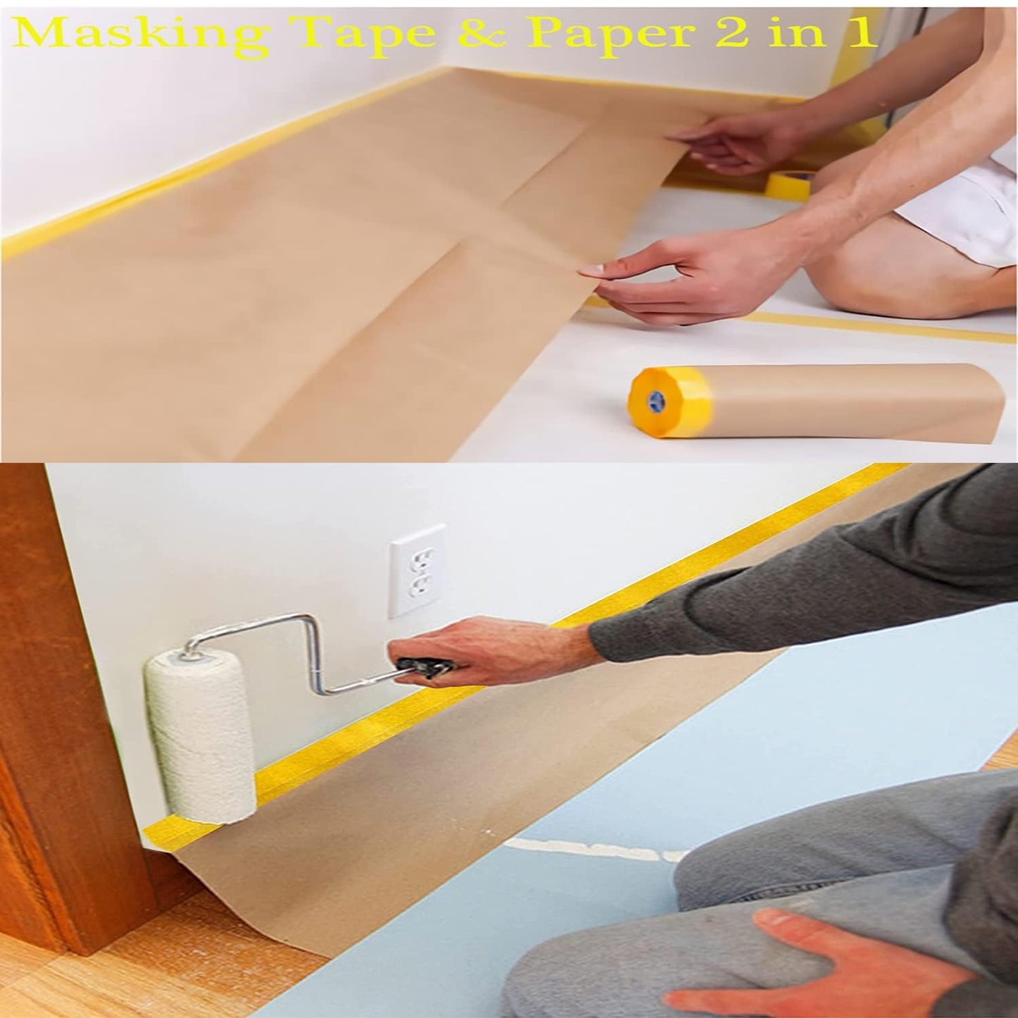 Masking Paper, Paint Masking Paper with Adhesive,20 Inch x 50 Feet Painters Paper Roll, Tape and Drape Painters Paper, for Auto Body Masking, Wall Covering and Paint Masking (2Rolls)