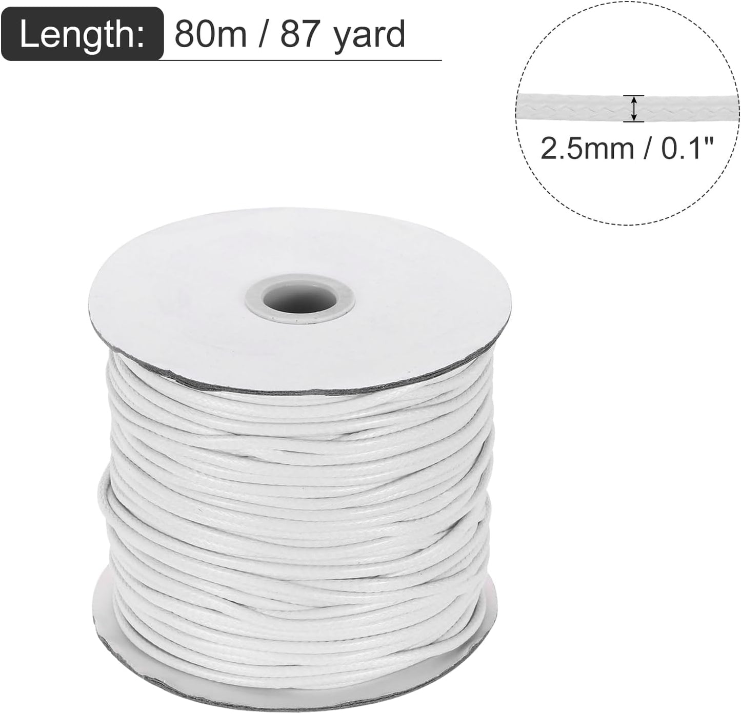 MECCANIXITY Waxed Cord 2.5mm Waxed Polyester Cord 87 Yard Wax String for Bracelet Making, Necklaces, Beading, Jewelry Making and DIY Crafts(White)