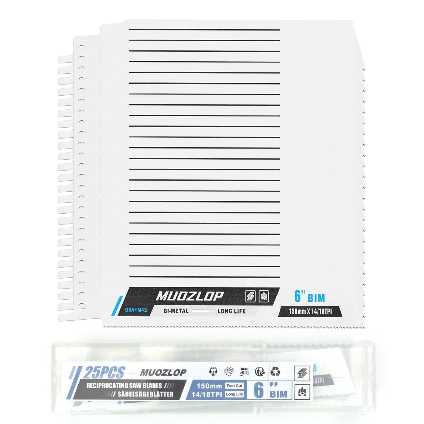 25 Pack 6 inch Reciprocating Saw Blades Set,14/18 TPI High Carbon Saw Blades, Metal Saw Blades with Organizer Case (25, 14/18TPI/150mm)