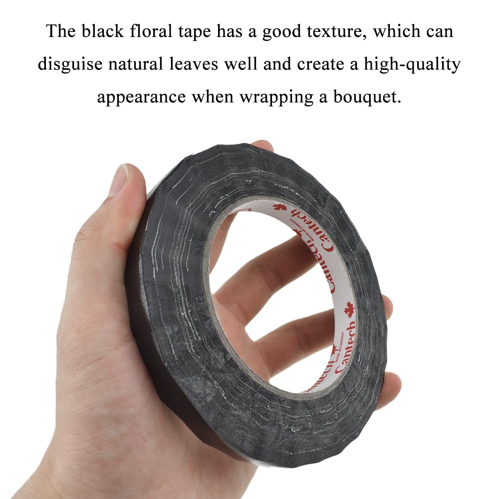 HAHIYO Black 0.5Inch Wide Floral Tape Waterproof Florist Tape Flower Wrap Adhesive Waterproof Decorative Tape for Bouquet Stem Wrapping Flower Arranging and Floral Craft, 2Rolls 200Feet/66Yard Total