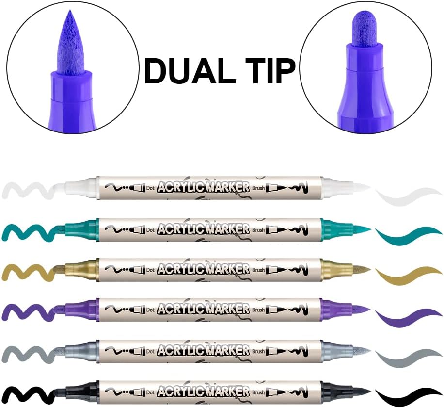 TRANSON 36 Colors Bold and Brush Dual-tip Acrylic Paint Marker Pen Set for Canvas Rock Wood Leather Ceramic DIY Painting