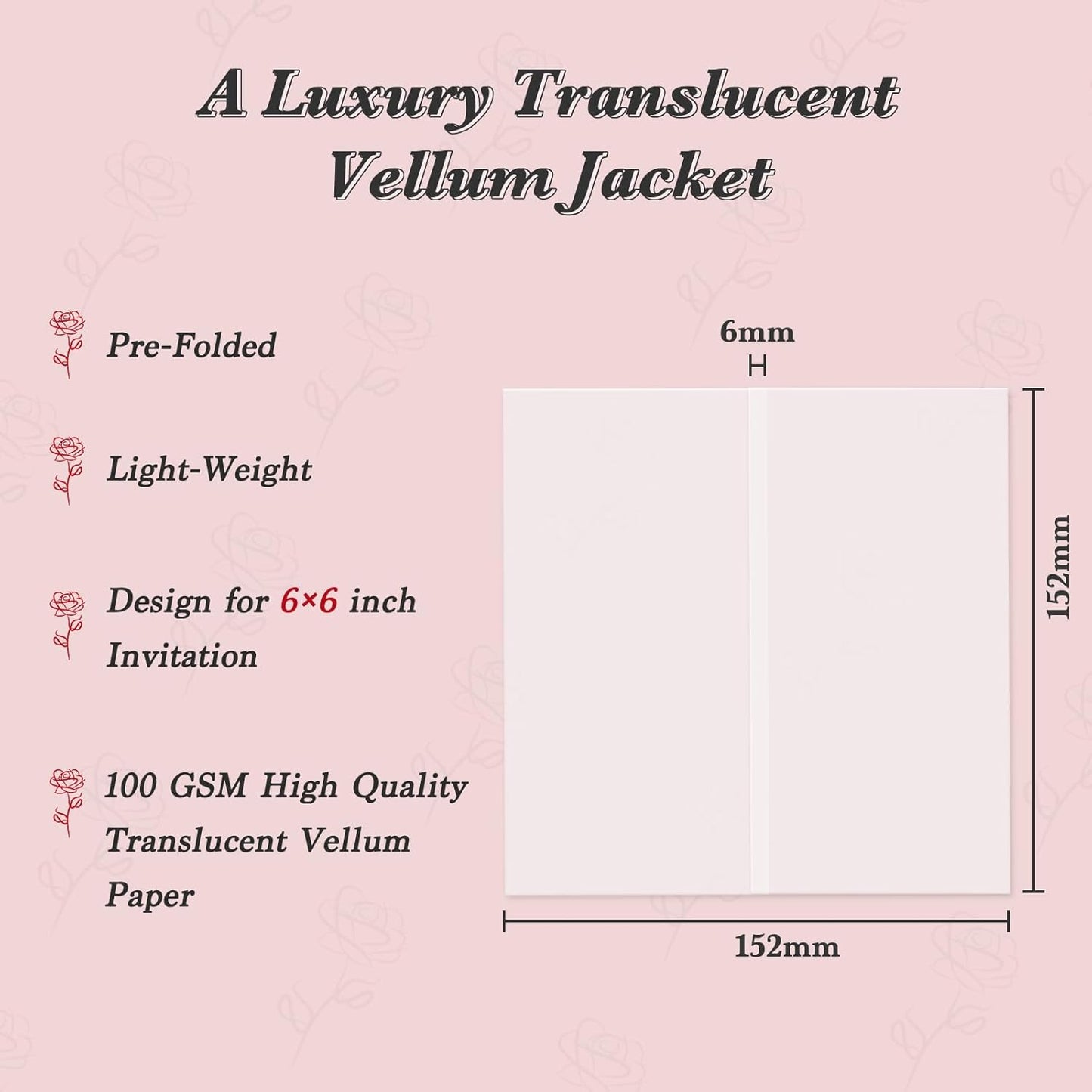 60 Pack Pre-Folded Vellum Jackets for 6x6 Invitations, Translucent Vellum Paper 6x6 Jackets, 100GSM Wedding Invitations Wraps, Envelope Liners for Birthdays, Baby Showers