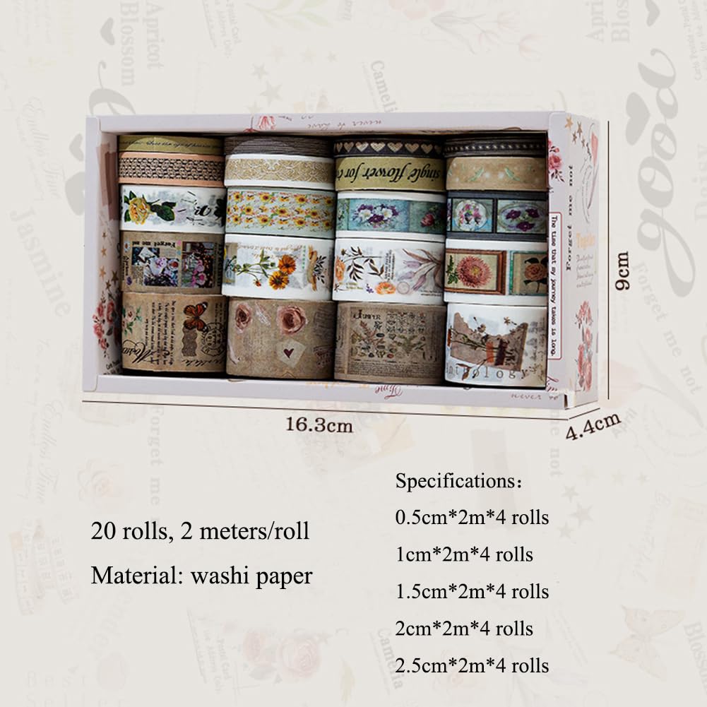 MAFELOE Decorative Vintage Washi Tapes Set 20 Rolls 2 Meters Long, Adhesive Scrapbook Junk Journaling Art Craft Collage Supplies-Forest Dream Series-Light Brown (WT-M4-SLMJ)