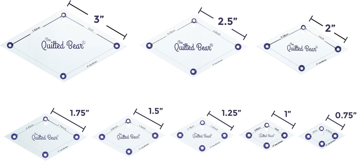 The Quilted Bear Diamond Quilting Templates – 8 Clear Non-Slip Acrylic Quilt Templates for Precise Fabric Cutting & Stress-Free Machine Quilting - Ideal for Quilt & Sewing Supplies (¾–3")