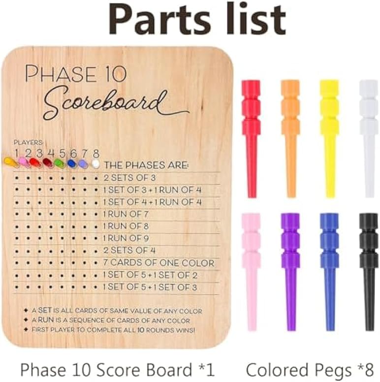 Phase 10 Score Board, 2025 New Wooden Phase 10 Scoreboard and Round Tracker with 8 Colored Pegs, Phase 10 Score Sheets, Board Card Games for Party Family Adults