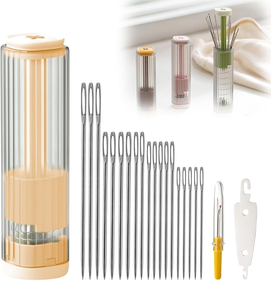 New Sewing Needle Case, Hand Sewing Needle Sewing Tool Set Threader Unthreader Tool, Upgrade Multi-Purpose Large-Eye Stitching Needle and Thread Kit for Leather (Yellow)