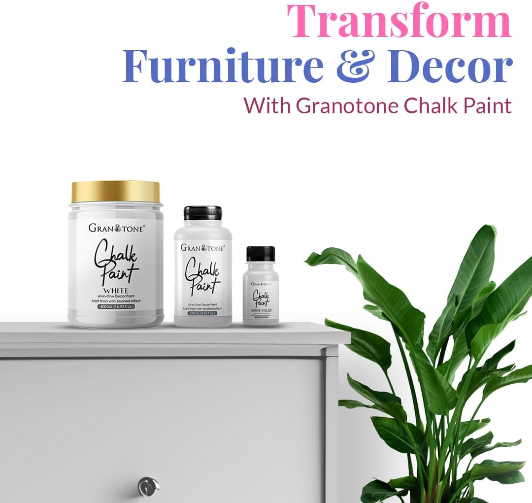GRANOTONE Chalk Paint for Furniture | Matt-Finish Water-Based Acrylic Paint for Wood, Walls, Metal, Glass, Paper, Fabric Canvas | Maximum Coverage Chalk Paint for Kids & Adults, 500 Ml (WHITE)