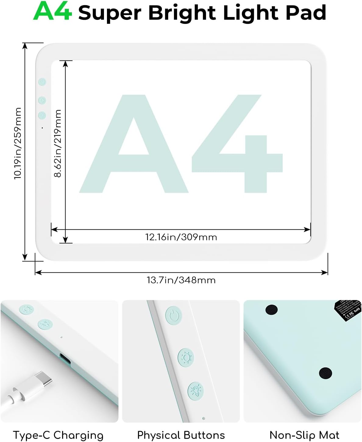 Rechargeable A4 Light Board with Weeding Tools Set and Accessories for Vinyl,Bawaslom Ultra-Thin & Bright Light Pad for Vinyl Weeding with 3 Colors & 6-Level Brightness for Diamond Art,Tracing