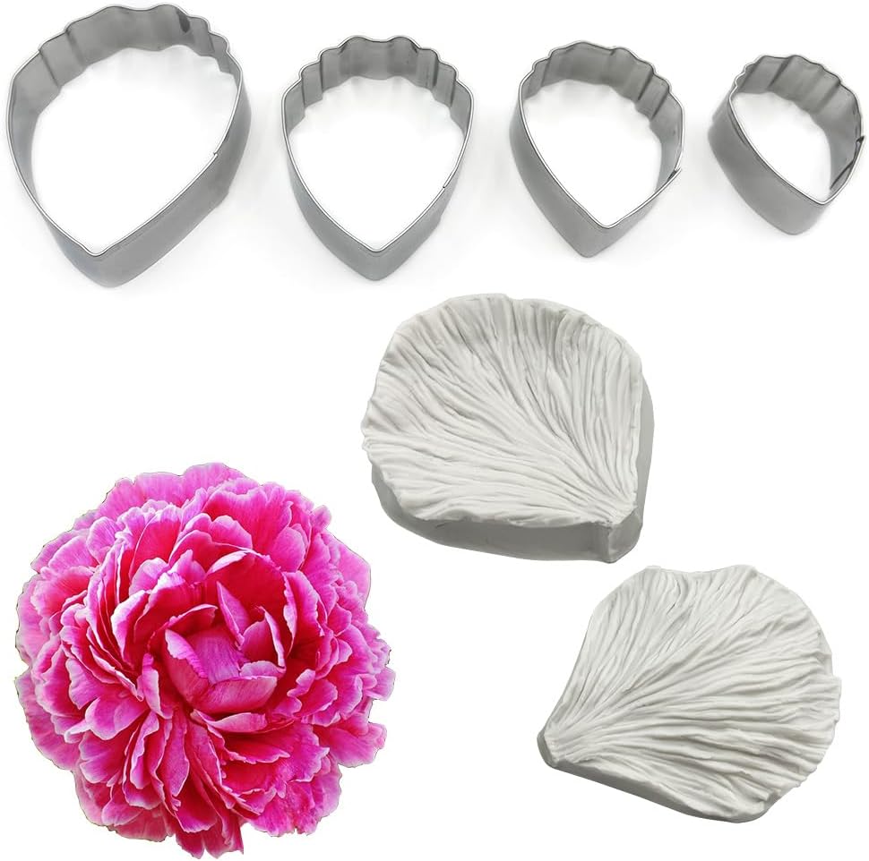 4pcs Stainless Steel Peony Cutter 2pcs Gumpaste Peony Silicone Veining Mold Gum Paste Peony Fondant Flower Molds for Sugarcraft Cake Decorating Candy Polymer Clay