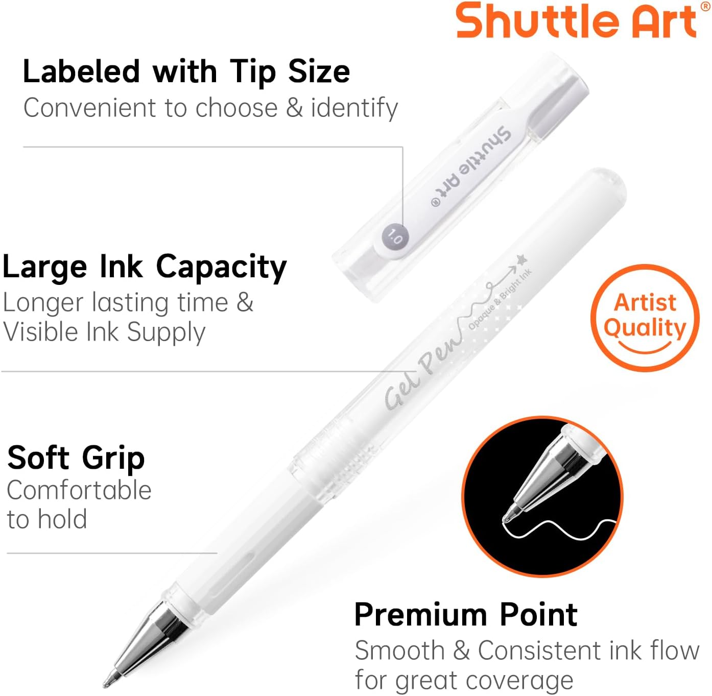 Shuttle Art White Gel Pens, 6 Pack 0.7mm, 1.0mm Gel Ink Pens Fine Point for Black Paper Highlighting Card Making Scrapbooking Coloring Writing Drawing Journaling Note Taking School Office Home