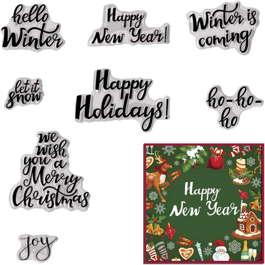 ABTOLS Merry Christmas Clear Stamps for Card Making and Photo Album Decorations, Happy New Year Words Winter Greeting Clear Rubber Stamps for Card Making Decoration and DIY Scrapbooking