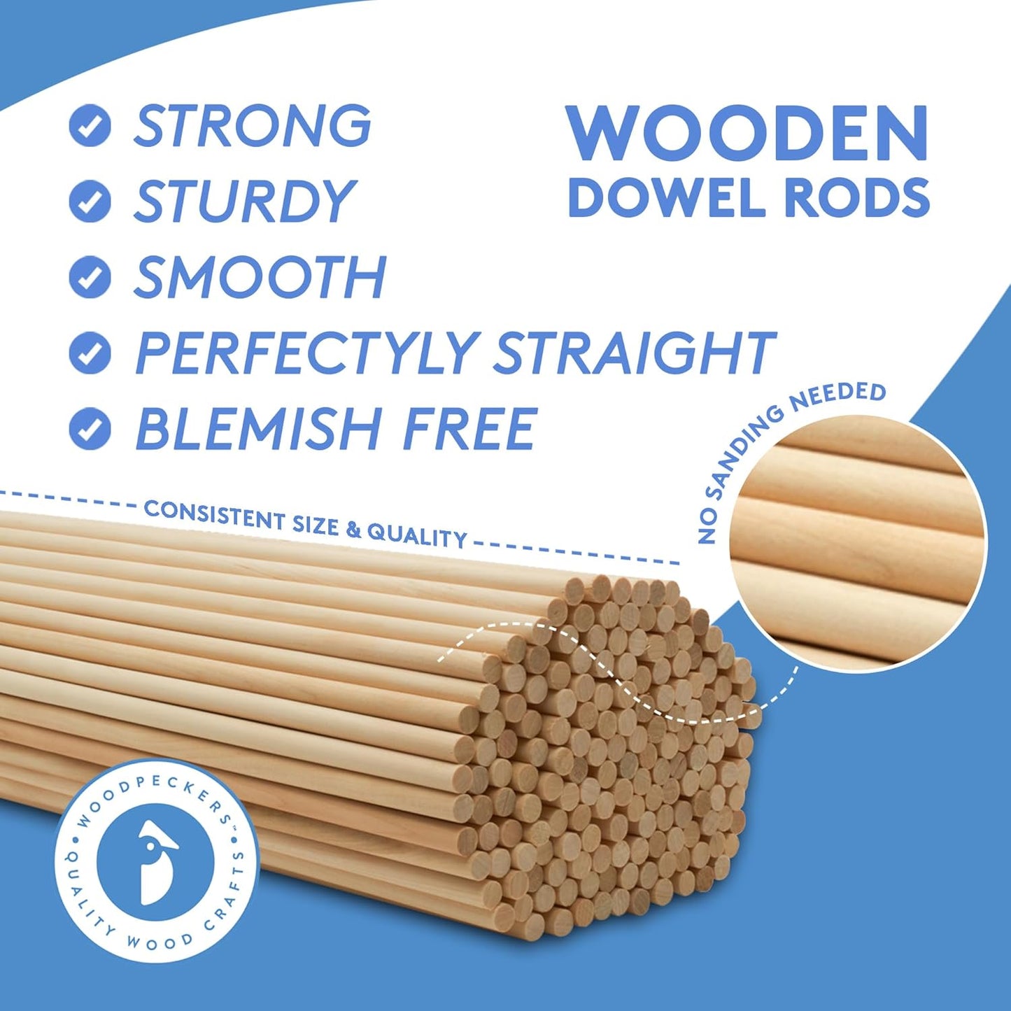 Woodpeckers 1 Inch x 48 Inch Birch/Poplar Wood Dowel Rods, Pack of 2 Unfinished Craft Wood Dowels for Crafting and DIYers
