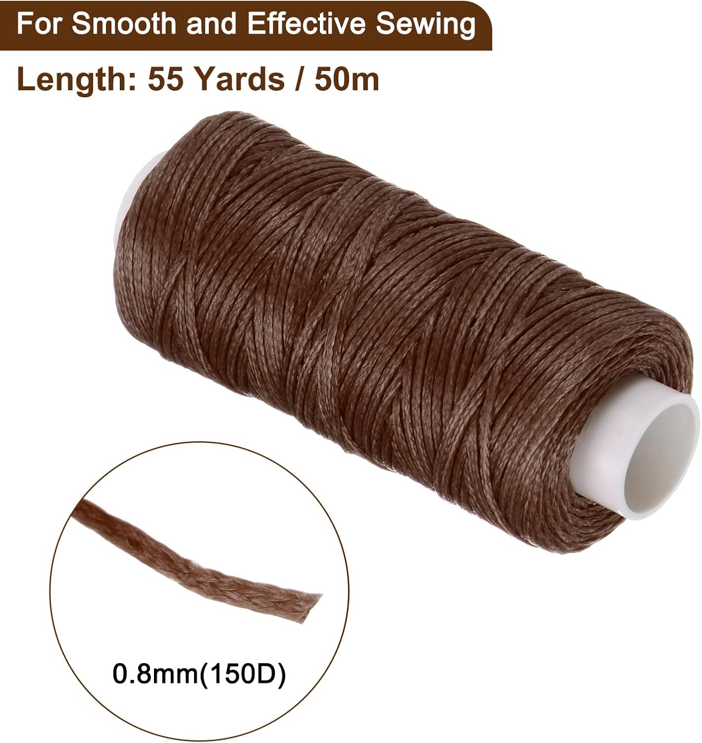 uxcell Leather Sewing Waxed Thread, 55 Yards / 50m 0.8mm 150D Flat Polyester All-Purpose Threads for Leather Crafts, Bookbinding, Dark Brown
