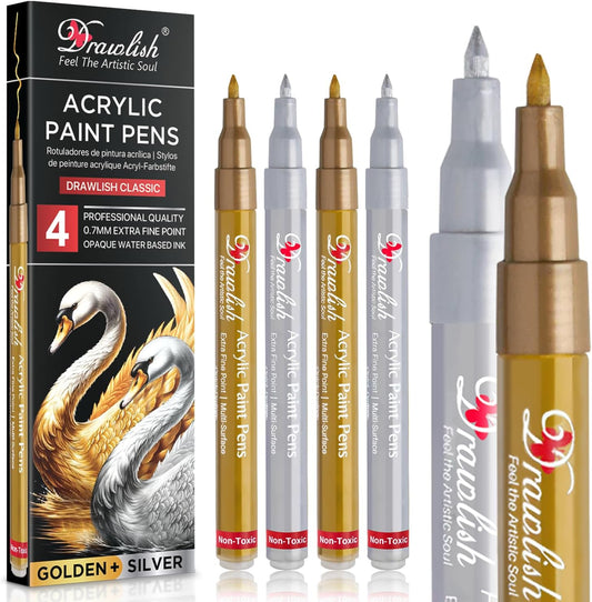 Acrylic Paint Pens - Permanent Markers 2 Gold Pens & 2 Silver Paint Marker Pen Set of 4 Acrylic Pen 0.7mm Extra Fine Tip - Ideal for Rock Painting, Fabric, Glass, Wood, Canvas, Ceramic, Porcelain
