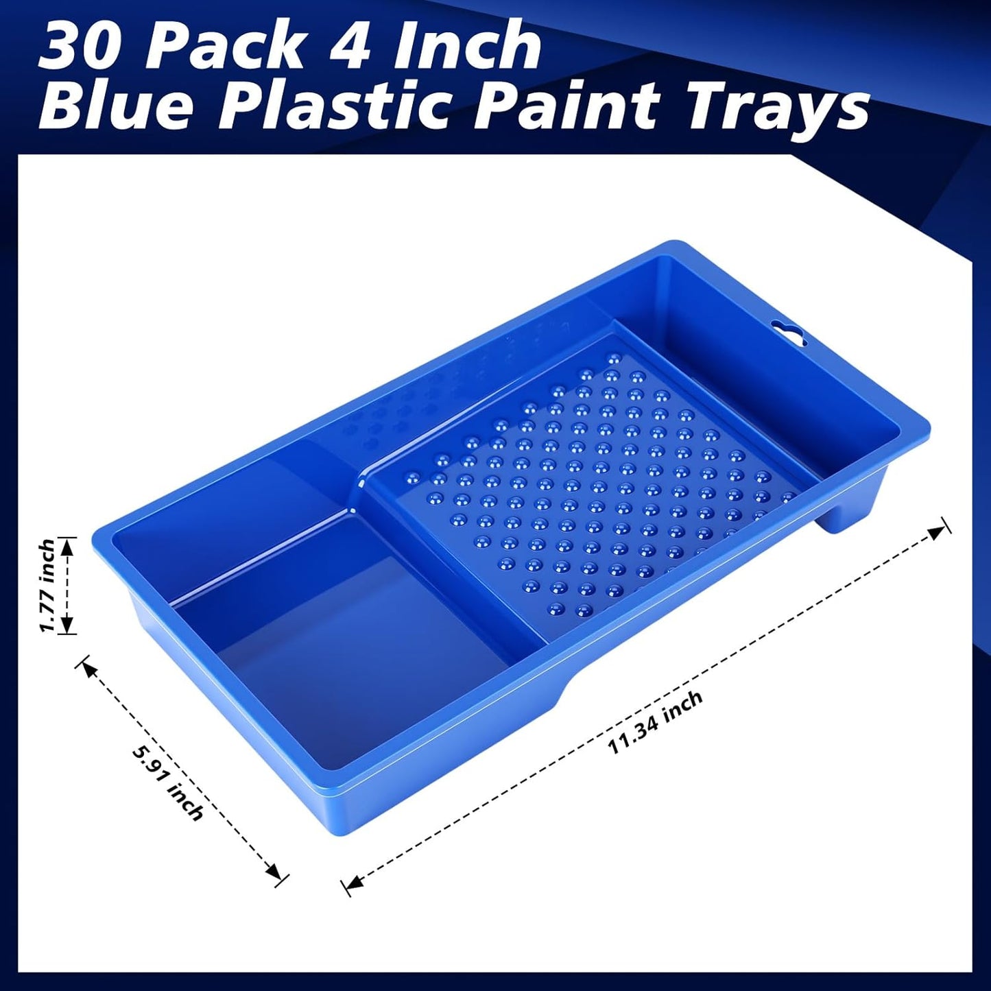 Ripeng 30 Pack 4 Inch Paint Tray Bulk Plastic Paint Roller Tray Small Painting Pan with Deep Pocket and Textured Ridge Reusable Trays Suitable for 4" Painting Rollers for Home Wall Decor(Blue)