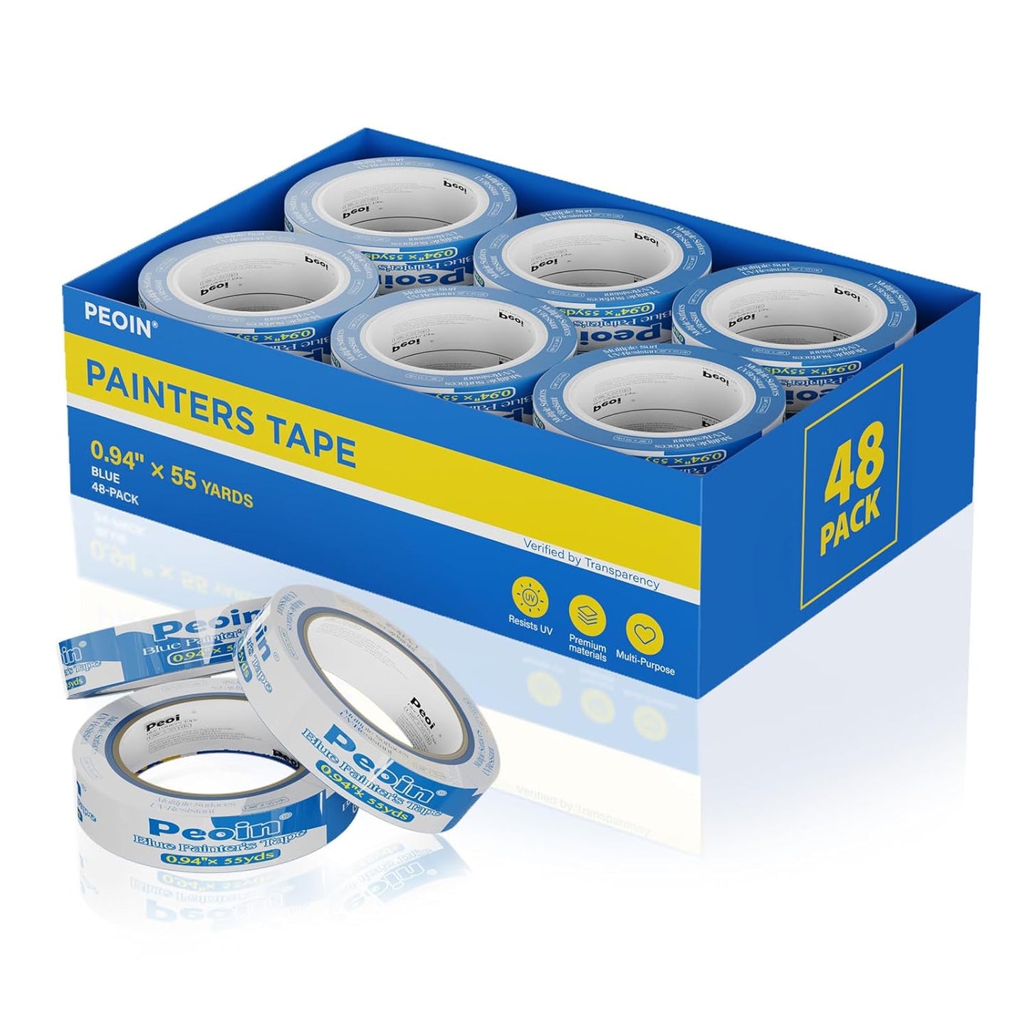 Blue Painters Tape 1 Inch Bulk, 48 Roll Painting Tape Blue Masking for Painting Wall DIY Edge, Paint 0.94 Inch 55 Yards X 48 Rolls 2640 Total Yards