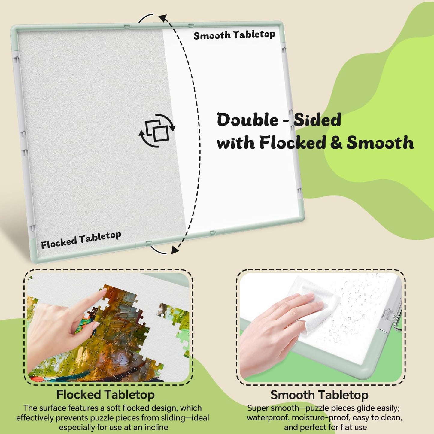 1500 Pieces Puzzle Board 3-in-1 Double-Sided & Rotating & Tilting, Plastic Puzzle Table with Sorting Boxes and PVC Cover, Portable Lazy Susan Jigsaw Puzzle Board for Adults, Gray Green