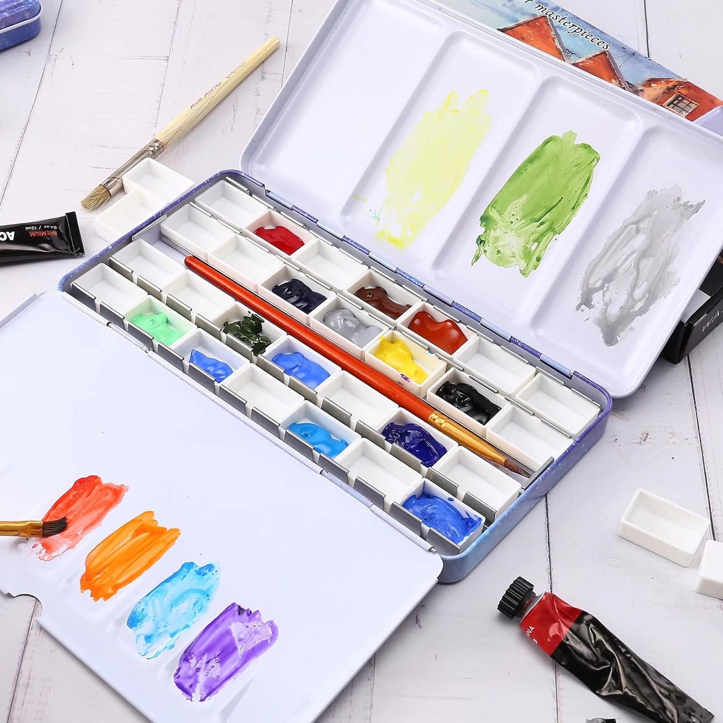 LOONENG Empty Watercolor Palette, Empty Watercolor Tin with Fold Out Palette, Large Purple Watercolor Tray Palette with 28 Empty Full Pans for Plein Air Painting and Sketching
