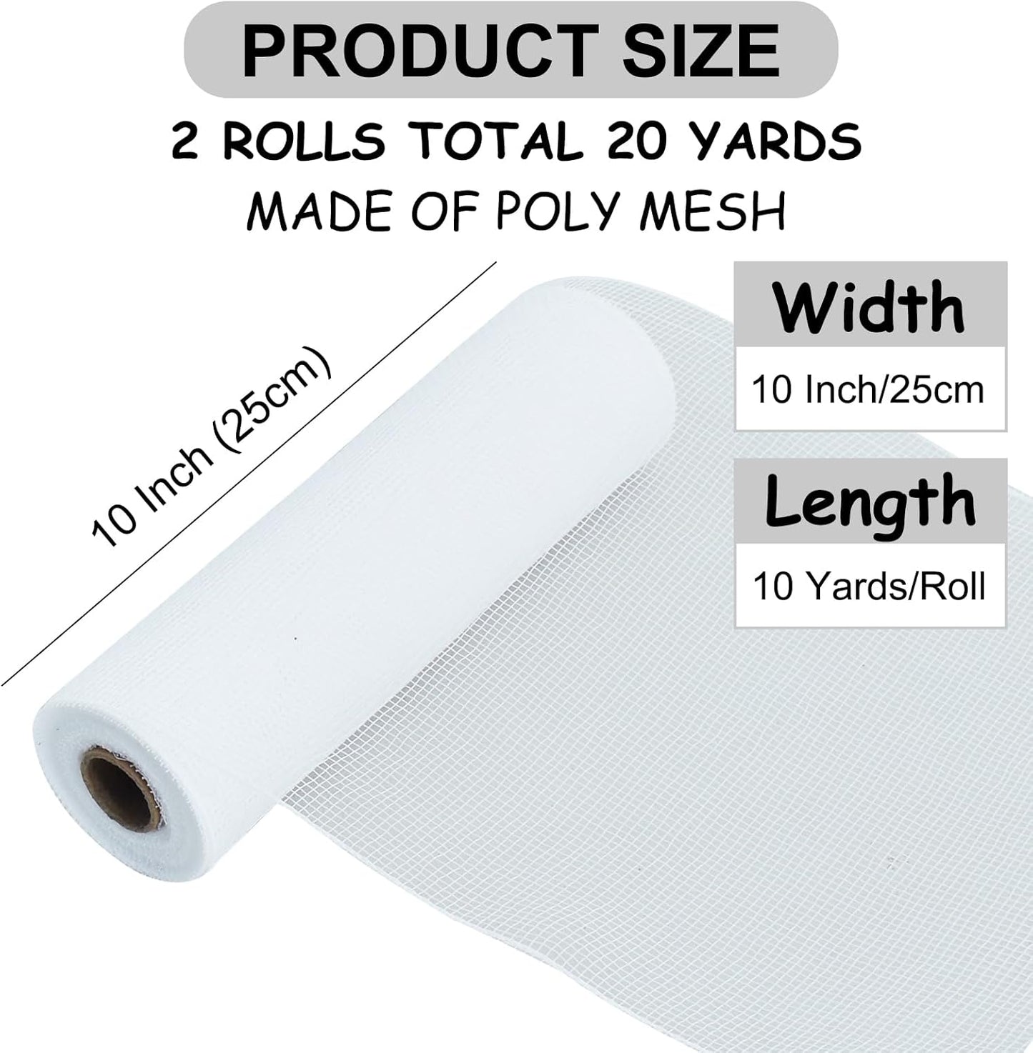 TONIFUL 2 Rolls 10 Inch White Decorative Mesh Ribbbon Rolls, Fabric Mesh for Mesh Wreath Supplies, Front Door Wreath Crafts Tree Decor Christmas NewYears Halloween Decoration (10 yds/roll)