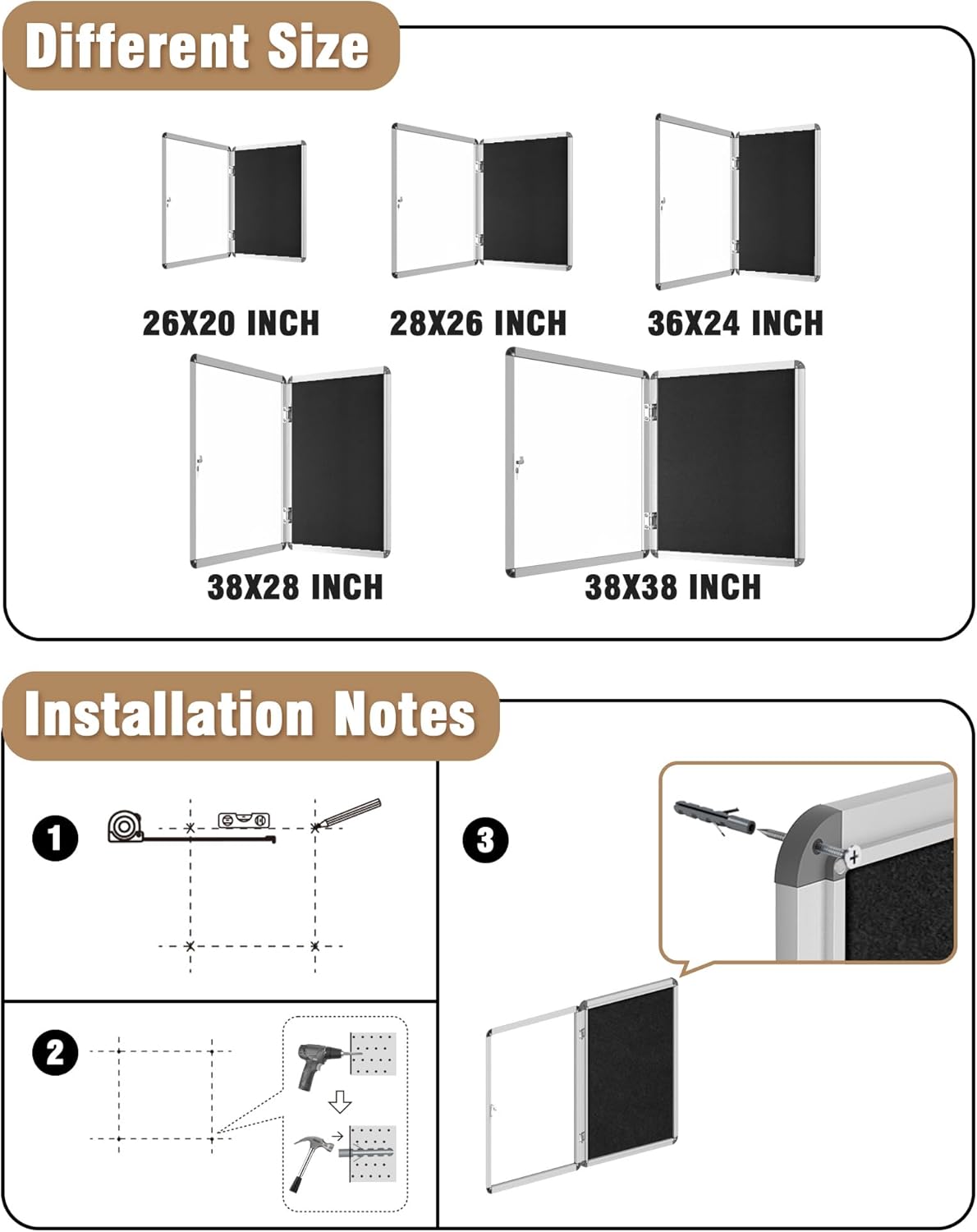 28"x26" Enclosed Bulletin Board, Lockable Weather-Resistant Aluminum Cork Noticeboard for School & Office, Silver Frame w/Black Flet