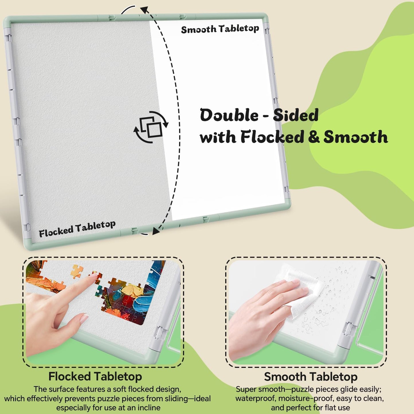 1000 Pieces Puzzle Board 3-in-1 Double-Sided & Rotating & Tilting, Plastic Puzzle Table with Sorting Boxes and PVC Cover, Portable Lazy Susan Jigsaw Puzzle Board for Adults, Gray Green