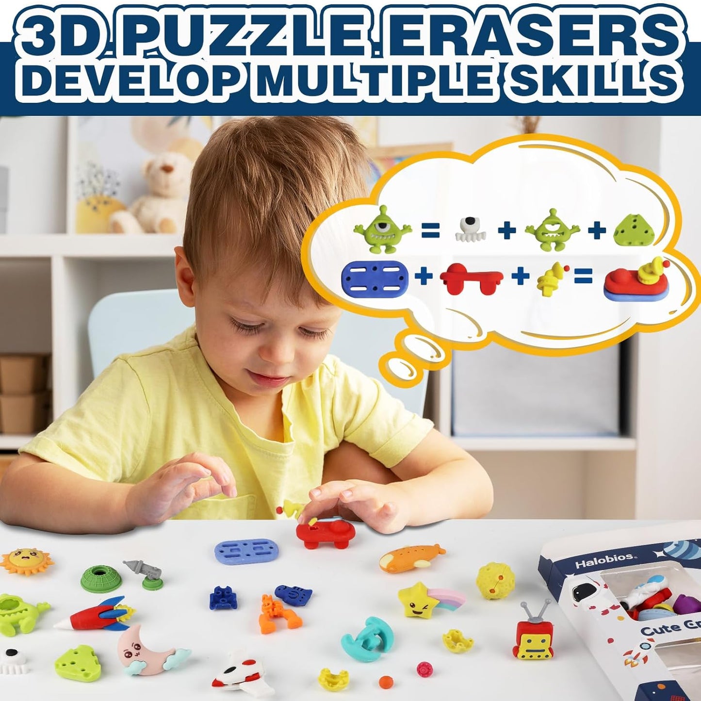 Erasers Set for Kids, Space Astronaut Pencil Eraser Bulk for Kids, Take Apart Puzzle Erasers for Classroom Prizes, Game Reward, Egg Fillers, Back to School Gift for Boys and Girls Desk Pets