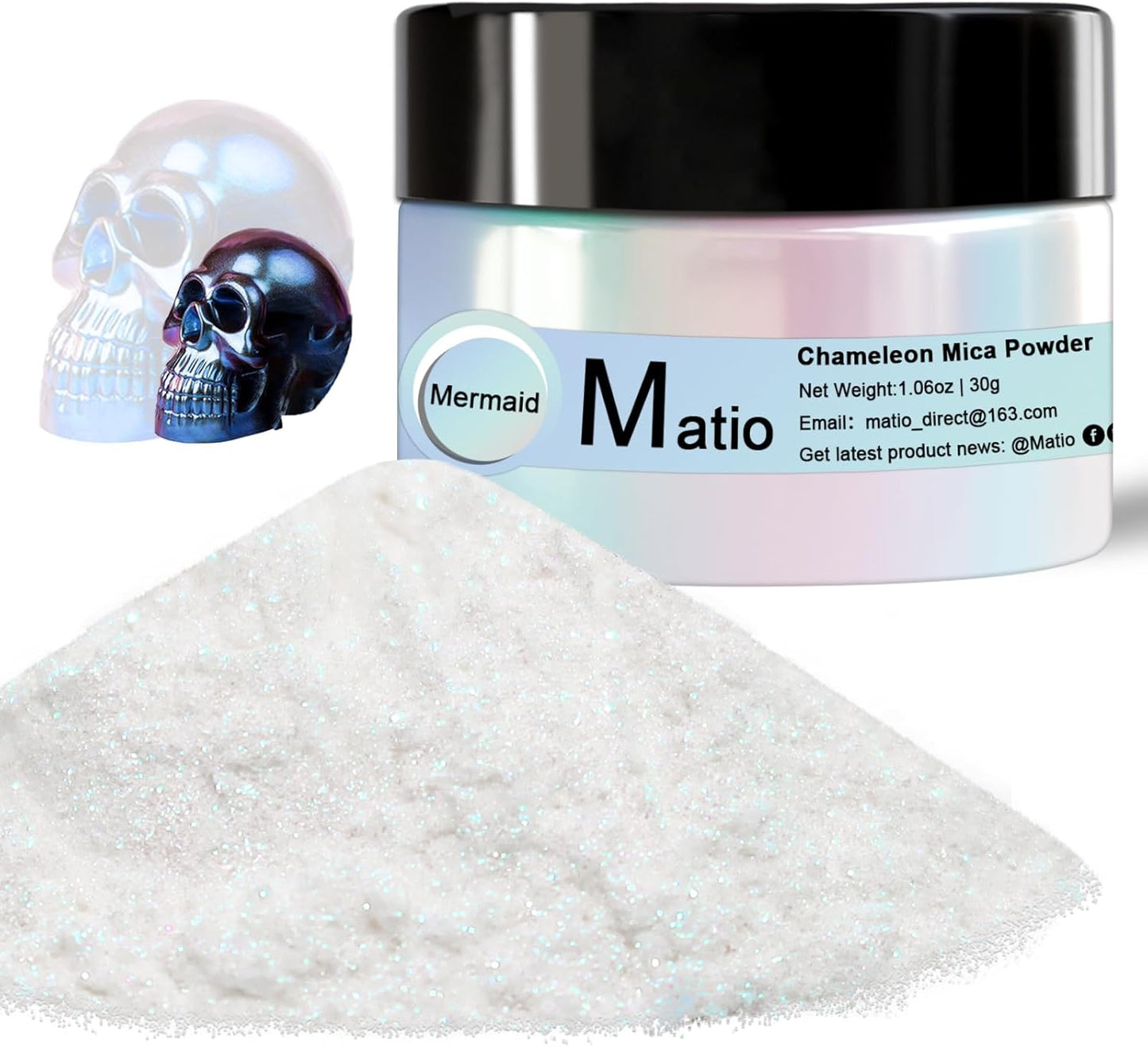 Matio Chameleon Mica Powder, 1.06oz/ 30g Mermaid White Chrome Powder, Pearlescent Effect Color Shift Pigment for Resin Craft, Soap Candle Dye, Nail Art, Makeup, Bath Bomb, Paint, Slime Pigment
