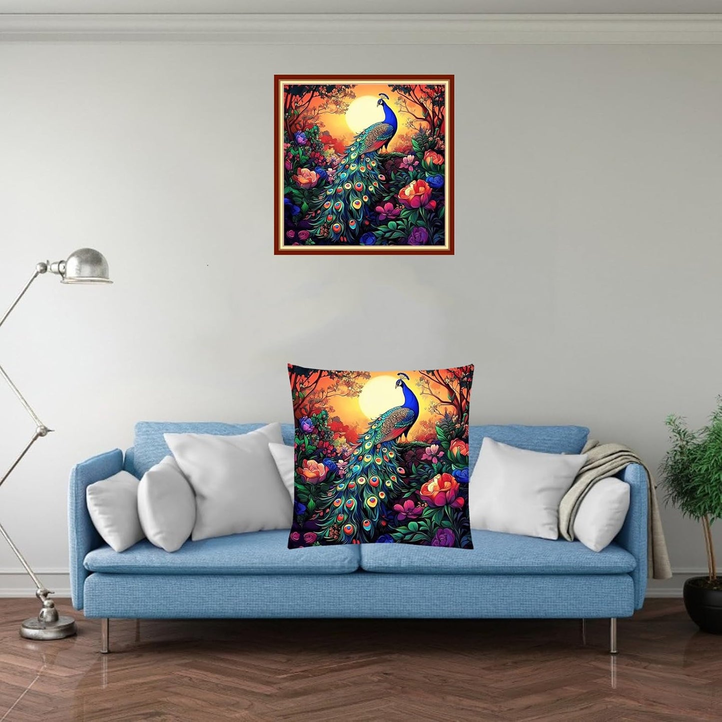 Fanxvivy Stamped Cross Stitch Kits for Adults Beginners Pillow Needlepoint Kit with Embroidery Pattern Needlework Kit Prestamped Stitches Kit 11CT Cross Stitching-Sunrise Peacock 18x18 inch