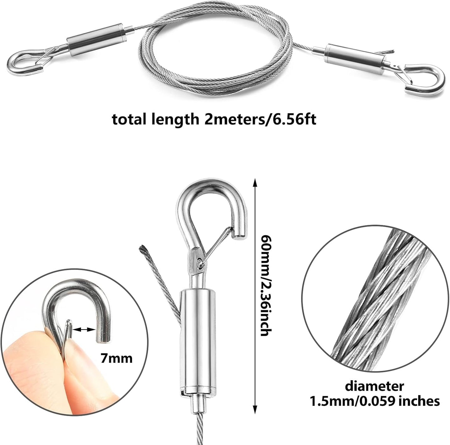 2Pcs Adjustable Picture Hanging Wire Kit,Heavy Duty Stainless Steel Rope 2m x 1.5mm for Hanging Mirrors,Frame,Lamps,Billboards,Basket Flowerpot,Holds Up to 66lbs(30kg)