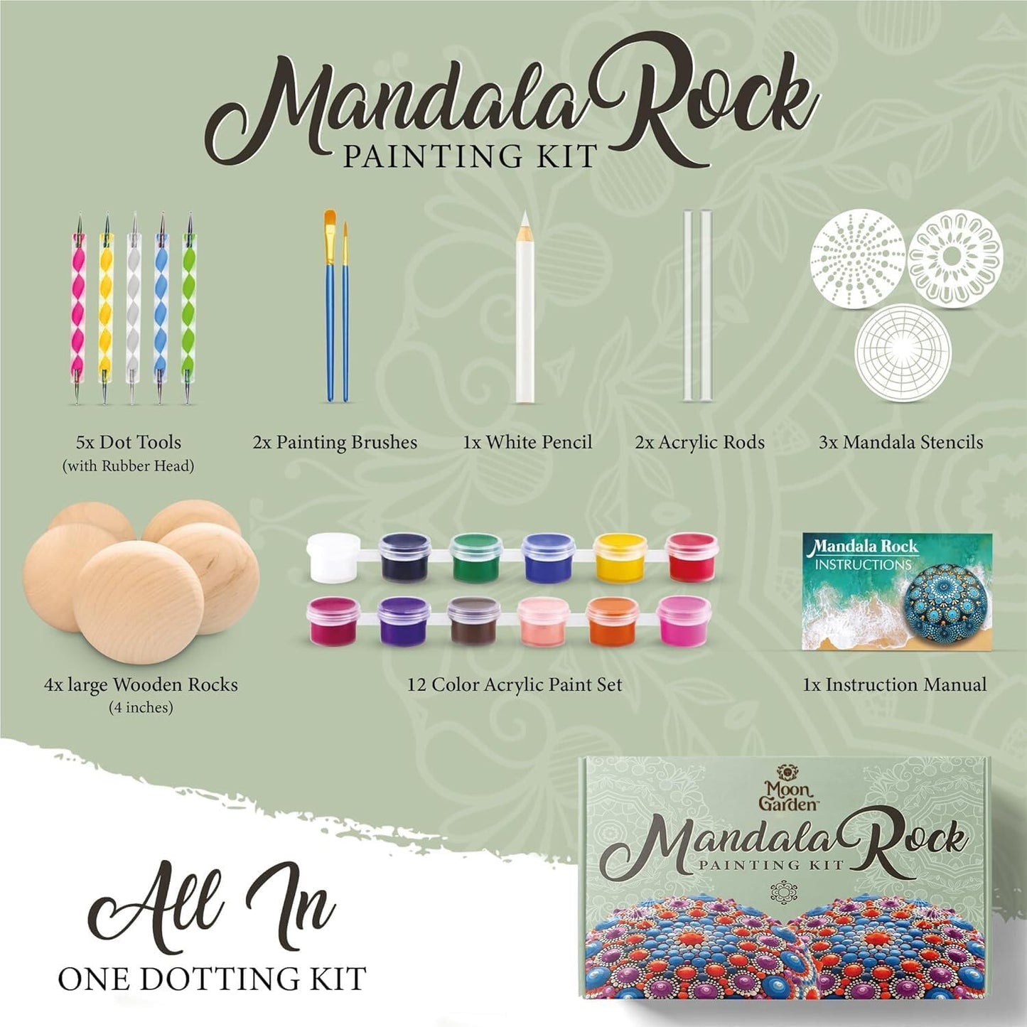 MoonGarden Mandala Rock Painting Kit - Mandala Dotting Tools Kit - Large Wooden Rocks for Painting, Stencils, Acrylic Paints, Dotting Tools for Rocks - Dot Art Kit for Adults & Kids