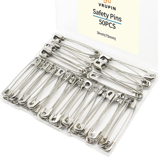 vrupin 50PCS Safety Pins, 3Inch/76mm Safety Pins Metal Nickel Plated Steel Sewing Accessories Kit for Baby Clothing, Crafts & Arts