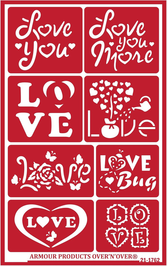 Over'N'Over Reusable Glass Etching Stencils – Durable Self-Stick Designs for Glass, Mirrors, and Ceramics with Armour Etch Cream – 5” x 8” Stencil Sheet - Love U More