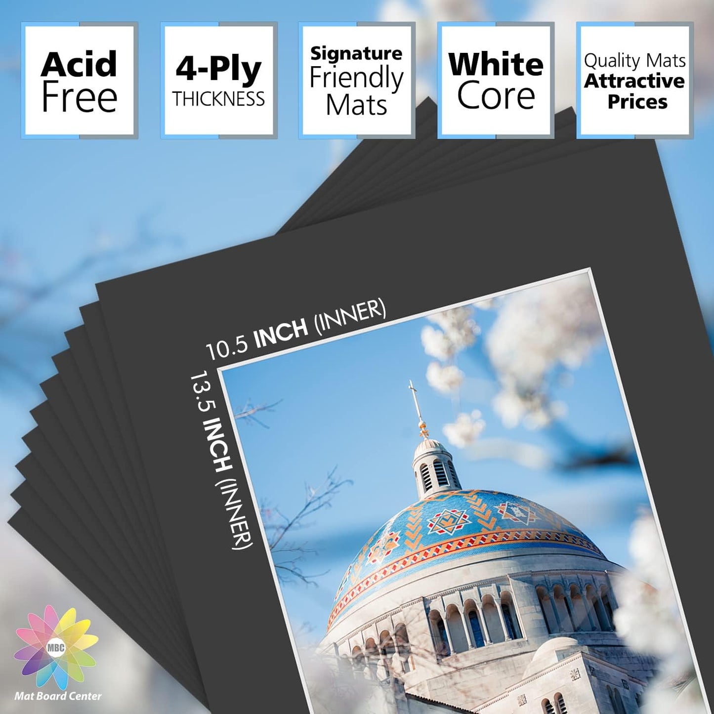 Mat Board Center, Pack of 10, 16x20 for 11x14 Black Picture Mat Sets - Acid Free, 4-ply Thickness, Bevel Pre-Cut White Core - Includes Backing Boards and Clear Bags - for Pictures, Photos, Framing