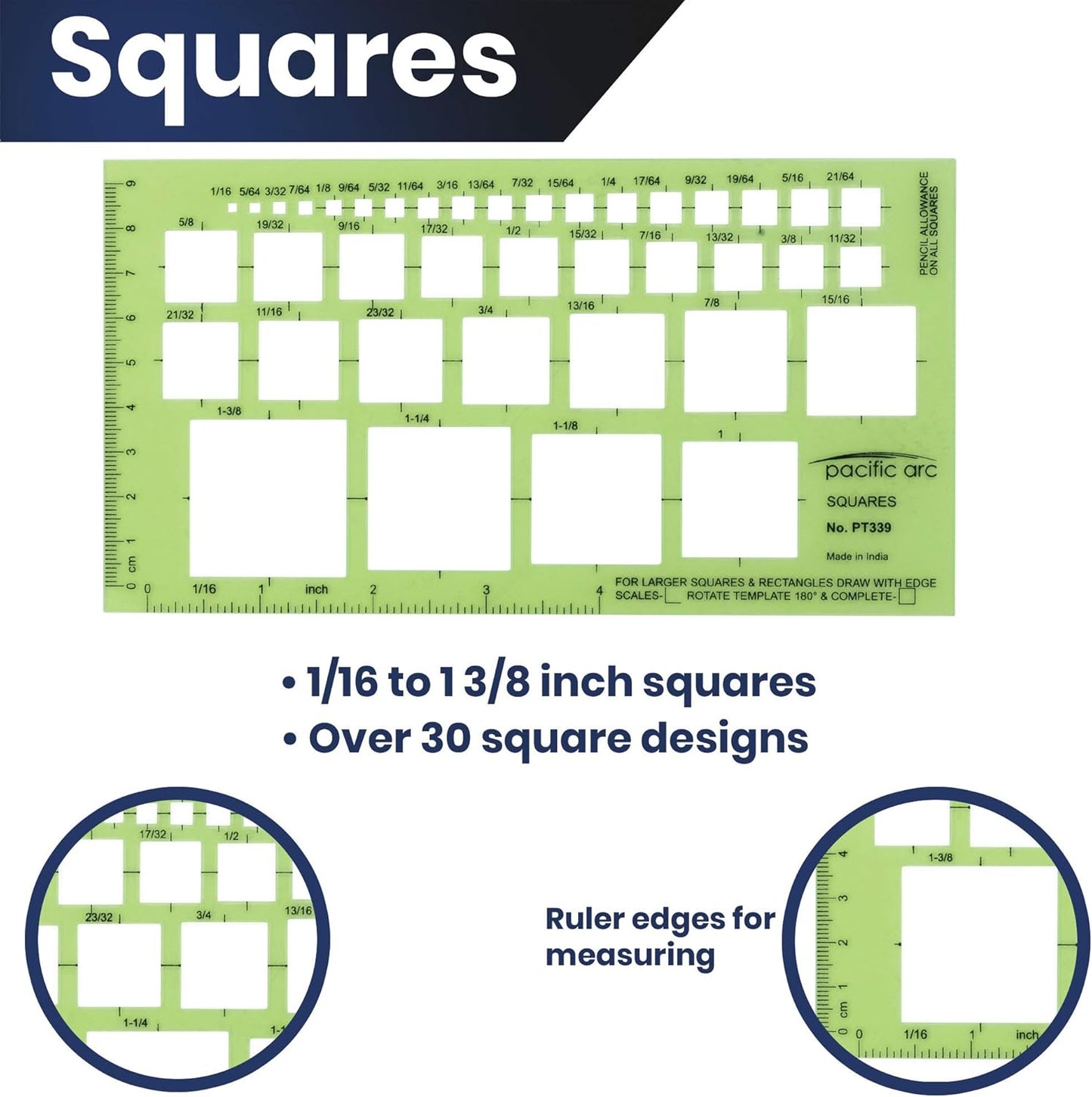 Pacific Arc Squares Template Guide, 39 Squares ranging from 1/16 inch to 1 and 3/8 inch