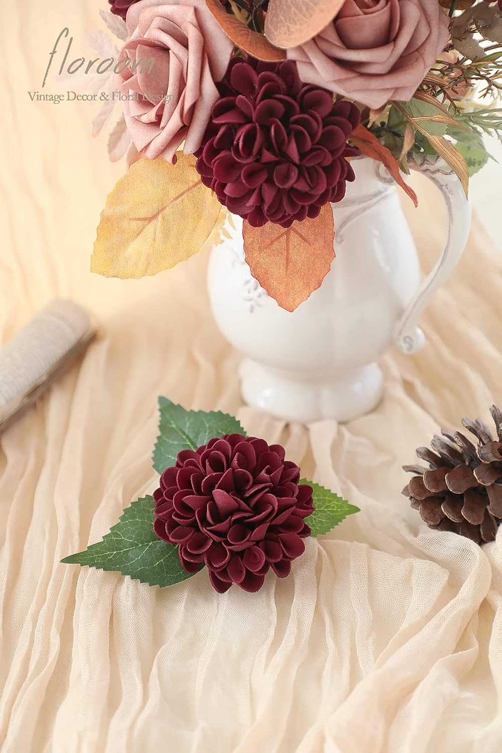 Floroom Artificial Dahlia Flowers 25pcs Real Looking Burgundy Foam Fake Roses with Stems for DIY Wedding Bouquets Dark Red Bridal Shower Centerpieces Floral Arrangements Party Tables Home Decoration