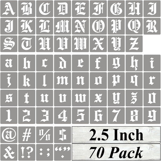 2.5 Inch Alphabet Letter Stencils for Painting - 70 Pack Old English Letter Stencil Templates with Numbers and Signs for Painting on Wood, Reusable Letter Stencils for Chalkboard Wood Signs & Wall Art