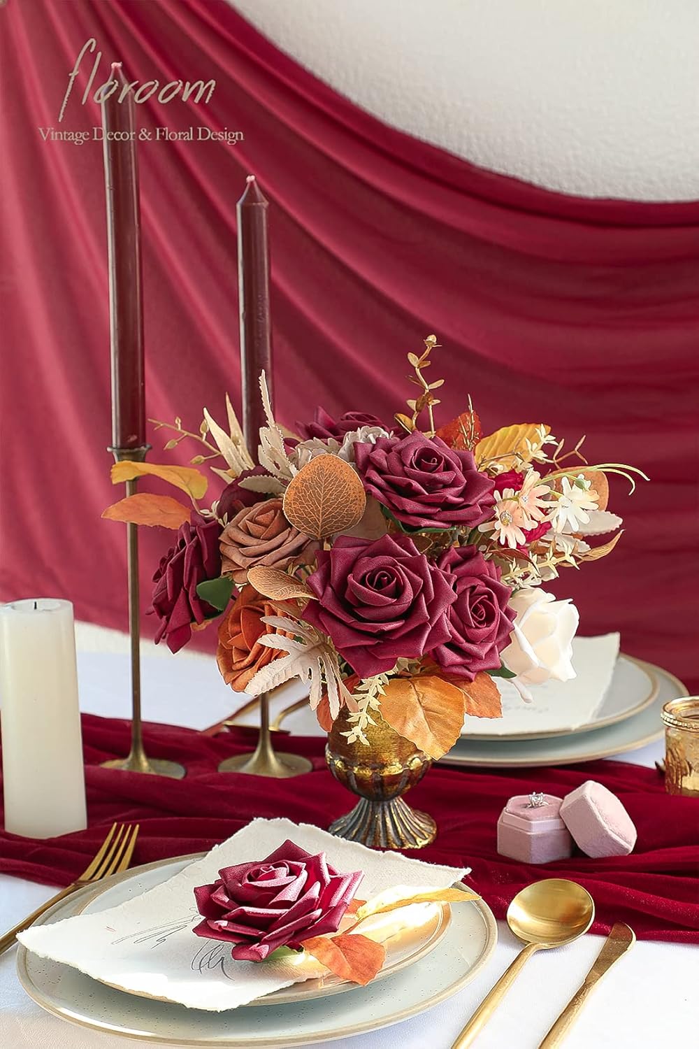 Floroom Artificial Flowers 16pcs 3.5" Real Looking Burgundy Foam Fake Hybrid Tea Roses with Stems for DIY Red Wedding Bouquets Bridal Shower Centerpieces Floral Arrangements Party Tables Decoration