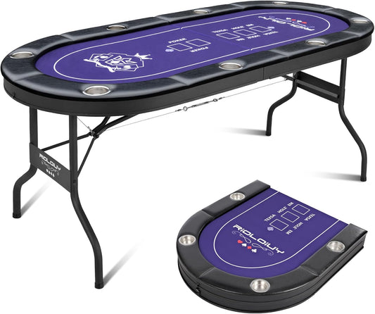 8 Player Poker Table Foldable, Texas Holdem Casino Table with Padded Rails & Cup Holders, Portable Folding Game Table for Home or Game Room, 71 Inch