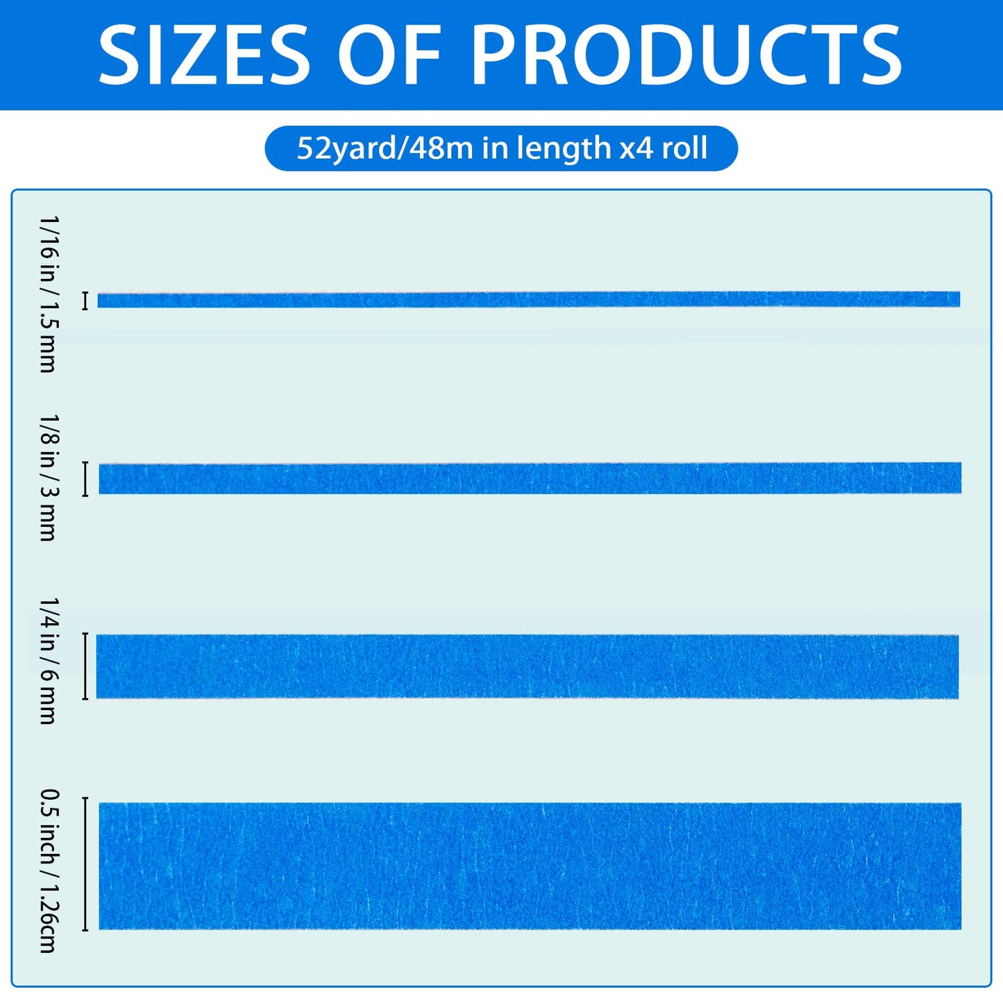 QDiShi 4 Rolls Fine Line Tape(Blue), Fineline Masking Tape in 1/16, 1/8, 1/4 and 1/2 Inch Wide x 52 Yard Long, Automotive Masking Tape for DIY Car Auto Paint Art